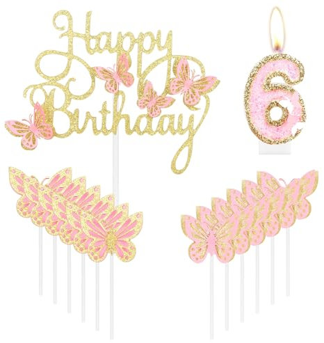 mciskin Gold Pink Happy 6th Birthday Candles,Butterfly Cake Decorations,Gold Pink Number 6 Candle for Cake Toppers Girls,Glitter Butterfly Topper for Girls' 6th Birthday Decorations