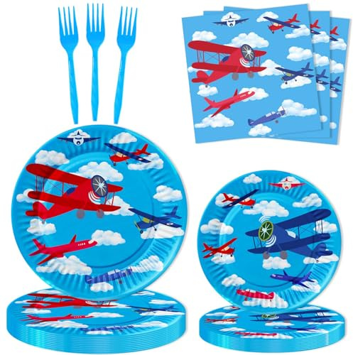 80 Pcs Airplane Party Supplies Airplane Aircraft Paper Plates Napkins Forks Dinnerware for Aviation Theme Boys Baby Shower 1st 2nd 3rd 4th Bday Party Decorations