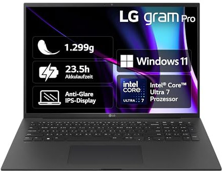 LG gram Pro 17 Zoll Notebook - 1299g Intel Core Ultra7 Laptop (16GB RAM, 1TB Dual SSD, 23,5h Akkulaufzeit, IPS Panel Anti-Glare Display, Win 11 Home, 2024) - Schwarz