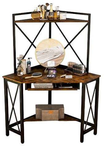 LIFEZEAL Scrivania triangolare, tavolo per computer con ripiani e vassoio per tastiera, scrivania angolare con presa e porta di ricarica USB per ufficio e studio (marrone)