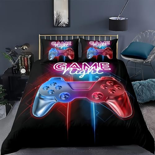 Tabeskly Boy Red Black Gaming Bedding Duvet Cover Set Single, Kids Gamepad Gamer Soft Zipper Childrens Full Bed 3 Piece Quilt Covers and Pillowcases 135×200cm