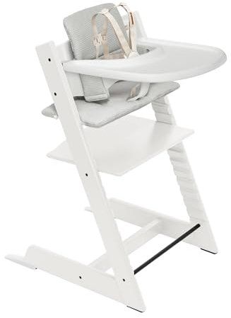 Stokke Tripp Trapp Trona 2 (Blanco), Cojín 2 (Gris Nórdico) + Bandeja Stokke (Blanco) - Incluye Silla + Juego de Bebé con Arnés Extraíble para Niños de 6 a 36 Meses