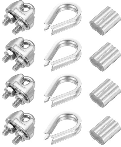 PATIKIL Set de Accesorios para Cuerda de Alambre, 304 Acero Inoxidable 6 Pzas Abrazadera de Clip de Cable 6 Pcs Guardacabo para Cuerda de Cable de 2mm/1/8