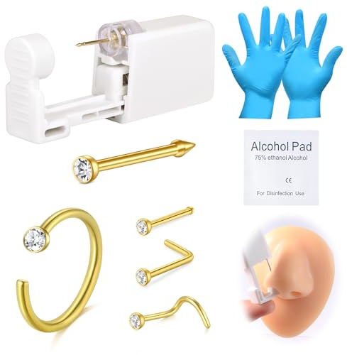 AVYRING Kit di 8 piercing per naso, pistola per piercing integrata, kit di auto-piercing indolore con anelli da naso da 20 g, pistola per piercing usa e getta per piercing al naso a casa, Acciaio