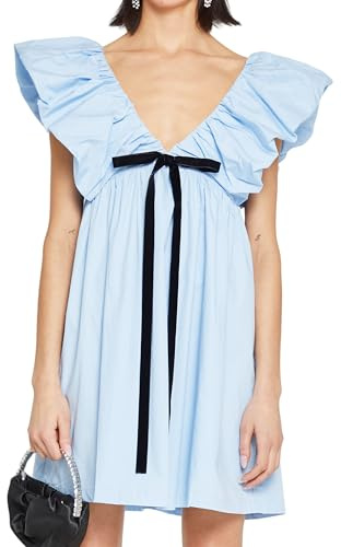 Zebaexf Women's Blue Babydoll V Neck Mini Dress for Summer Puffy Sleeve Casual Loose Flowy Elegant Dress Sky Blue X-Small