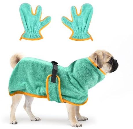HEKOBAG 2 Stück Hundebademantel Extra Saugfähig Hunde Bademantel XS Bademantel Hund Klein Badetuch Hunde Schnelltrocknend Trockenmantel aus Samt mit Handschuhe für Kleine Hunde Katze (Grün)
