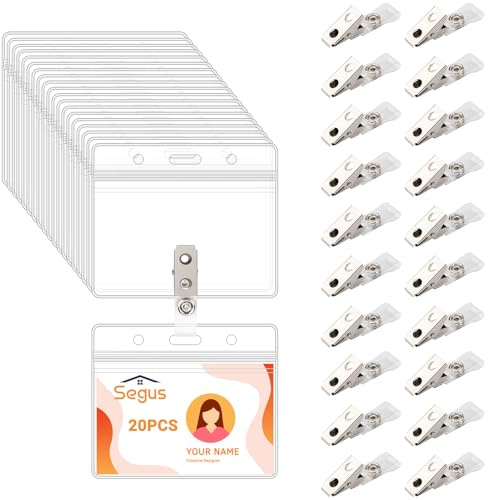 Segus Porta Badge con Clip, 20 Pezzi Porta Badge Trasparente con Clip in Metallo, per Ospedali, Impresa, Scuole, Ufficio (Orizzontale)