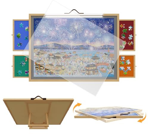 OZMSHF 2-in-1 Tilting & Rotating 1500 Pieces Puzzle Board Age 2+ With LED Light, Adjustable Angle 34.2 x 25.2 Puzzle Board with 4 Drawers & Clear Protective Cover, Birthday Gift for mom&dad