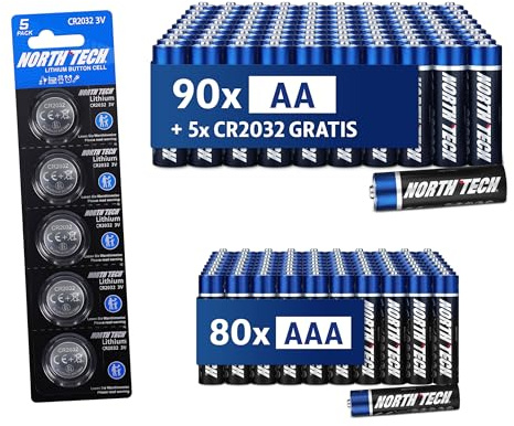 North Tech Ultra - Pilas alcalinas AA y AAA en paquete de ahorro – 90 x AA + 80 x AAA + 5 x CR2032 GRATIS | Paquete de energía de alto rendimiento | Duradero, a prueba de fugas y respetuoso con el