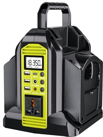 2-Ports 350W Power Inverter for Ryobi 18v Battery, Portable DC 18V to AC 220-230V Outdoor Generators Converter with USB-A & Type-C Port,300LM LED Light for Camping Emergency