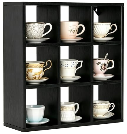 Helsin 9 Grid Vintage Coffee Mug Display Rack, 16inch Wall Mounted Wooden Curio Shadow Box Shelf, Cup Floating Shelves Display and Organizer (Black)