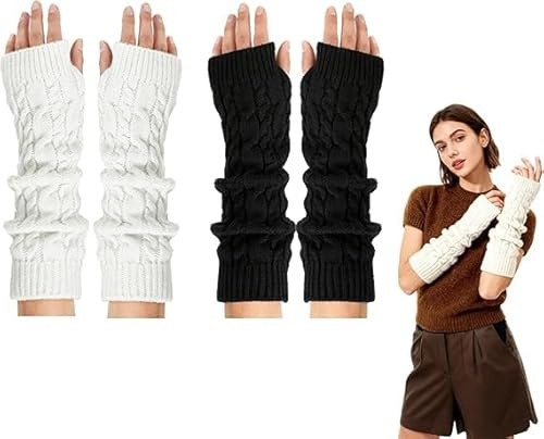 KWJEIULSOQ 2 Pairs Arm Warmers Cable Knit, Soft Polyester with Thumb Hole, Stretchy Universal Fit, 30cm Length for Women, Girls,Christmas Gifts, Birthday Gift(Black + White)