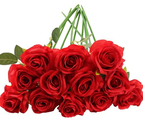 HNVNER 12 Pcs Red Artificial Roses Flowers, Fake Roses Faux Silk Red Flowers Bouquets with Stem for Wedding Home Decor