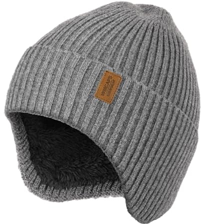 Wmcaps Wintermütze Herren Fleece Gepolsterte Strickmütze mit Ohrenschützern, Bequeme Weiche Winddichte Warme Mütze für Outdoor-Aktivitäten Kaltes Wetter Geschenk für Männer Frauen, Grau