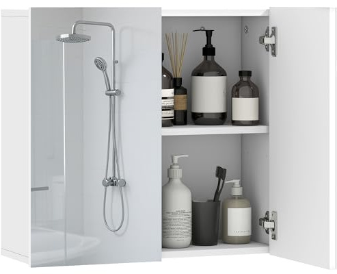HOMCOM Bathroom Mirror Cabinet Wall Mounted 2 Doors 60 x 20 x 55 cm White