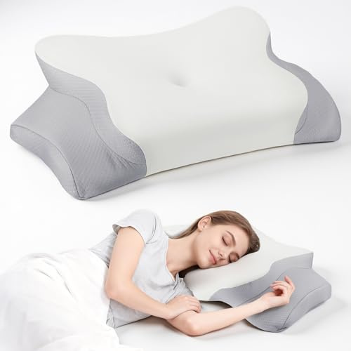 Almohada Cervicales y Cuello,Almohada Cervical de Espuma Viscoelástica, Almohada Antironquidos Ergonómica para Dormir de Lado, Boca Arriba y Boca Abajo, 69x37x9/14 CM