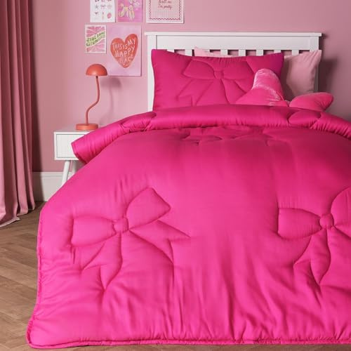OHS Coverless Duvet Double 7.5 Tog, Gifts for Girls Soft Warm Microfibre Bows Quilted Summer Coverless Duvet Lightweight Bow Bedding Washable Double Duvets with Pillowcase, Hot Pink