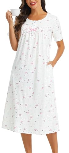 Lovasy Nighties for Women Long Soft Nightdresses Button Front Ladies Nighties Short Sleeve Nightshirts Night Dress with Pockets