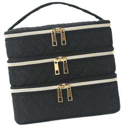 Generic Beauty Case Organizer Donna Borsa Trucco Tre Scomparti Valigetta Accessori Cosmetici Resistente Acqua Portatile Poliestere Adatta per Viaggio, Nero