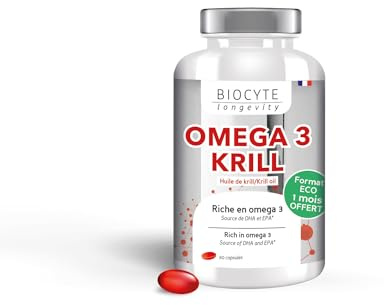 BIOCYTE Oméga 3 Krill - Vision & Fonction Cardiaque Normale - Huile de Krill, Riche En Omega 3 - Programme de 3 Mois