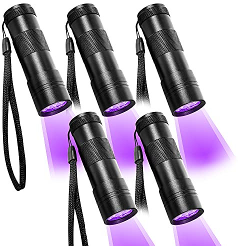 Beinhome UV Taschenlampe Schwarzlicht 5 Stück,UV Lampe mit 12 LEDs 395nm,Haustiere Urin Detektor UV Handlampe Leuchte für Eingetrocknete Urin Flecken von Hund und Katz(inkl. 15 pcs AAA Batterien)