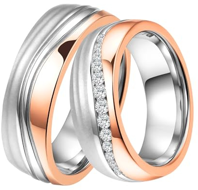 DOOSTI Paar Ringe Set für Damen Herren Partnerring Edelstahl Bicolor Silber Rosegold Ehering Trauring Freundschaftsring Hochzeit Ringe Frau Mann inkl. Gravur mit Namen (Ring mit Zirkonia, 56)