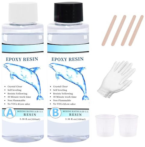 QST EXPRESS Kristallklares Epoxidharz-Set für Kunst, Schmuck, Handwerk, Beschichtung, 200 ml, einschließlich 100 ml Harz und 100 ml Härter, Bonus 2 Messbecher, 4 Stäbchen, ein Paar Gummihandschuhe