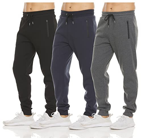 PURE CHAMP Mens 3 Pack Fleece Active Athletic Workout Jogger Sweatpants for Men with Zipper Pocket and Drawstring Size S-3XL (Medium, Set 2)