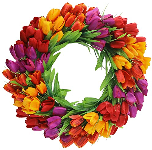 U'Artlines 20 Inch Tulip Wreath for Front Door, Spring Summer Silk Wreath with Green Leaves Artificial Tulip Flower Wreaths for All Seasons Window Wall Wedding Valentines Day Decor