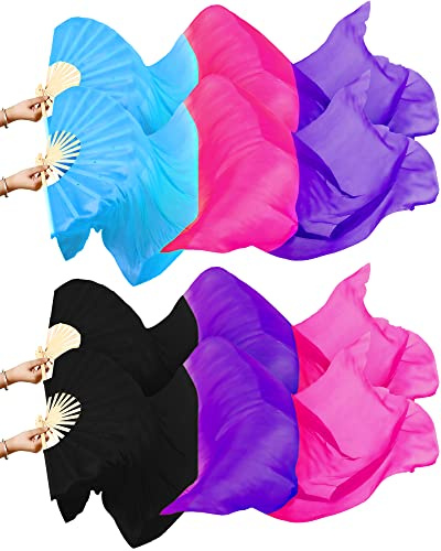 Qunclay 2 Pairs Silk Veils Belly Dance Fan, Faux Silk Belly Dance Fan for Dancing Performances Long Bamboo Long Fans Veils, Dancing(Blue Purple Powder)