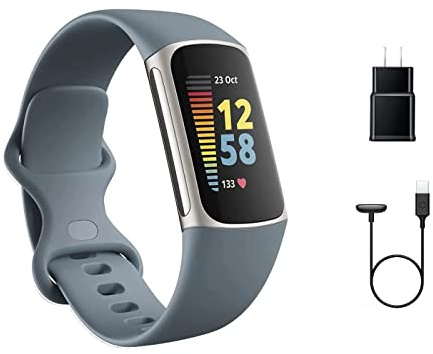 Fitbit Charge 5 Advanced Fitness Tracker with GPS, Heart Rate, Sleep & Health Tracker - Power Bundle with Adapter (Blue Stainless Steel)