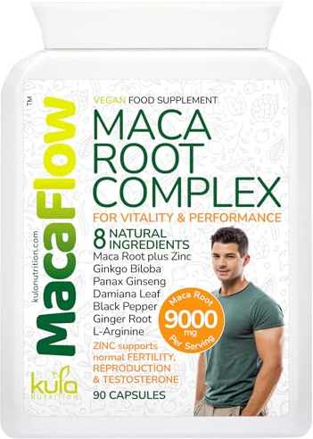 MacaFlow - Maca Root Complex for Men - High Strength 9000mg with Ginkgo Biloba, Panax Ginseng, L-Arginine, Damiana Leaf Extract, Black Pepper and Zinc for Normal Fertility - 90 Capsules (Not Tablets)