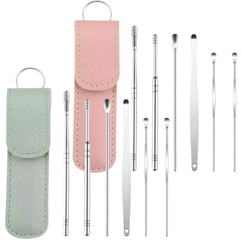 KOLZEMV Set de Nettoyage d'oreille,cure oreille, 12 Pièces Nettoyants Auriculaires Médicaux en Acier Inoxydabl Curette Oreille Kit, Élimination de Cérumen de Rangement pour Enfants et Adultes