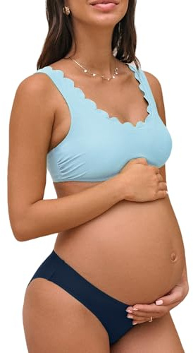 CUPSHE Women's Maternity Bikini Sets Pregnancy Swimsuit Low Rise Scalloped Scoop Neck Adjustable Straps Back Hook, XL Sky Blue/Navy