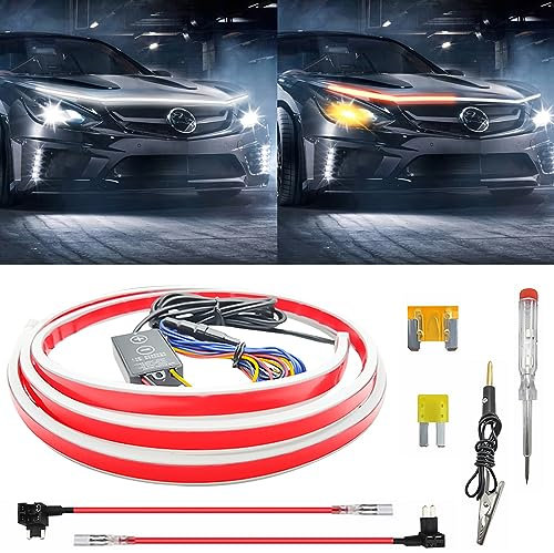 Universal Auto Tagfahrlicht Motorhaube Lichtstreifen, 2-farbiges Wasserdichtes Flexibles Dynamic Scan Start Up Kit Mit Streifen Licht (Gelb, 220cm)