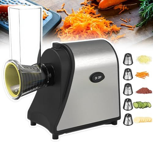 pedenencelia Râpe À Fromage Électrique, Matériau en Acier Inoxydable, Facile À Nettoyer, avec 5 Lames, Râpe À Fromage Électrique, pour Légumes, Carottes, Carottes, Pommes De Terre 250 W