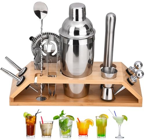 12 Pezzi Kit Barman Professionale con Supporto Legno, 750ml Set Shaker Cocktail Acciaio Inox per Casa, Bar, Accessori Amanti Cocktail per Miscelare Bevande, Set Regali Shaker Cocktail per Donna, Uomo
