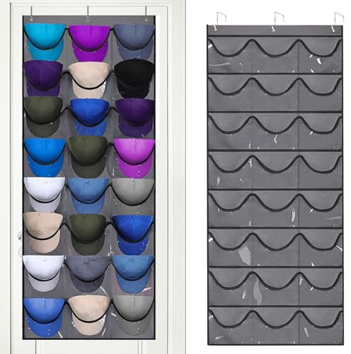 Porta Berretto,Porta Cappelli da Baseball,Porta Cappelli,Porta Cappelli da Armadio con 24 Tasche,Contiene 24 Cappelli,Organizer Cappelli Sulla Porta per Riporre Cappelli da Esposizione (Grigio)