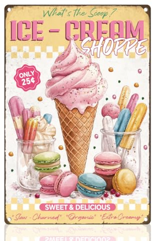 DOODLREAM Plaque en tôle métallique amusante avec motif crème glacée - Décoration murale rétro - 20 x 30 cm - Pour l'été - Décoration murale - Décoration de salle de bain