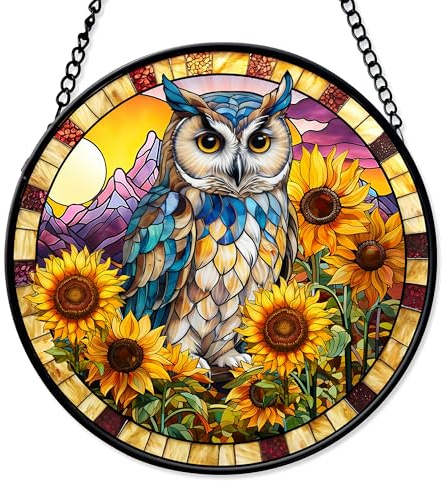 FIVITY 7.8'' Owl Suncatcher Colorful Bird Stained Glass Window Hanging Suncatchers Diamond Glass Panel Hangings Decor Home Wall Door Birthday Mother's Day Christmas Gifts for Women Men Mom Aunt Nana