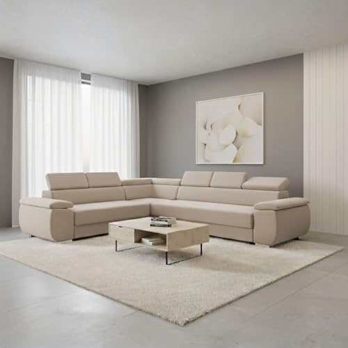FORNIRO 24 Dantino Ecksofa mit Schlaffunktion und Bettkasten - Sofa mit 5 Sitzen und Robustem Überzug - Schlafcouch L-Form - Modern Couch - 318x255x79/95 cm (Stoff Basic, Beige)