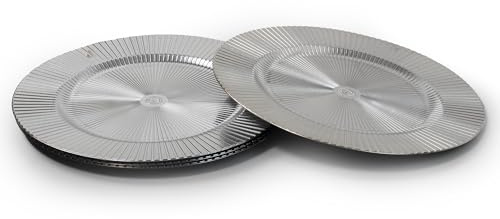Rammento 4-Pack 33cm Plastic Charger Plates, Silver Stripe | Decorative Tableware Underplates for Dinner Plates | Round Placemats for Table Decorations | Durable & Reusable Dinnerware Plate Set for 4