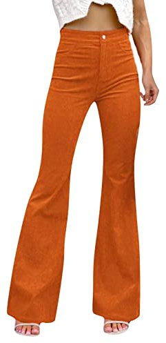 Vuncio Pantalon Bootcut Femme Velours Côtelé Grande Taille Et Elegant Pantalon Evasé Hiver Femme Taille Haut Extensible Confortable Casual Fitness Sweatpants (Orange, L)