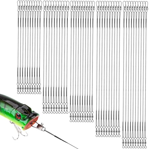 Bangbobi Lot de 50 Bas de Ligne en Acier pour la pêche au brochet avec agrafes, 10 pièces de Chaque Taille (10 cm, 15 cm, 20 cm, 25 cm, 30 cm)