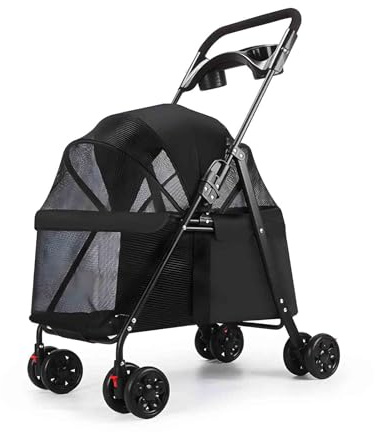 Poussette pour chien animaux à 4 roues, design pliable avec hublot aéré, conçue pour les chiens et chats de petite et moyenne taille - 75 x 49 x 94cm (Noir)