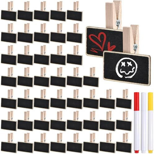 50 Pcs Mini Lavagna Clip Piccola con 3 Pennarelli Idrosolubil Lavagnette Promemoria Etichette Legno Mini, Piccola Lavagna Legno Messaggio per Matrimonio,Decorazioni Feste,Etichette Nome,Tabelle Prezzi