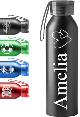 KDO MAGIC Gourde Personnalisée Aluminium recyclé 600 ml (Noir) | Idée cadeau pour anniversaire, noël | Idéale pour le Sport, l'école, le bureau | Bouteille personnalisable gravé avec prénom