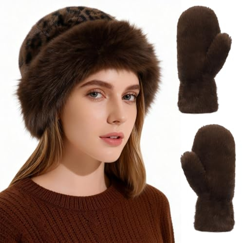 3 Pieces Womens Faux Fur Bucket Hat Set, Winter Fluffy Fisherman Plush Warm Hats Cute Fuzzy Warmer Bucket Hat Wrist Length Sherpa Lined Mittens Gloves Brown