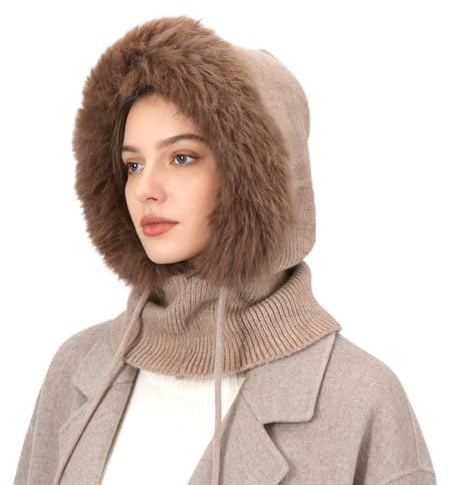 AYPOW Mujer Invierno Gorro de Punto y Bufanda con Capucha, 2 en 1 Térmicos Prueba de Viento Ajustable Felpa Pasamontañas, Moda Pullover Calentador de Cuello para Deportes al Aire Libre Diario Correr