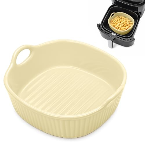 Teglia rotonda in ceramica per friggitrice ad aria calda, 18,5 × 16,5 × 5,5 cm | Stampo per casseruola e lasagna colorato | Stampo in ceramica con manici per forno a microonde (gel di latte 650ML)